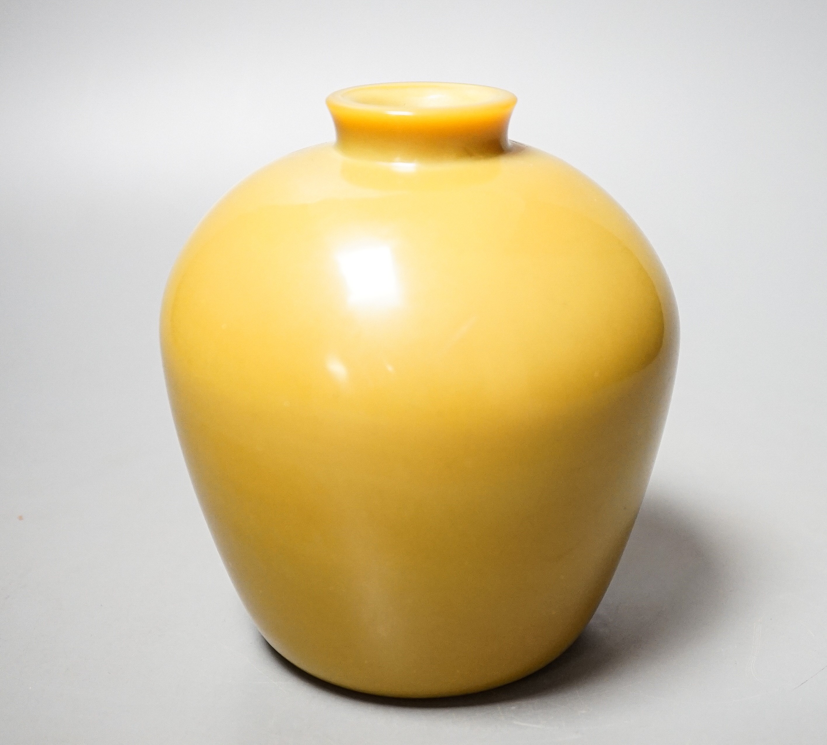 A Chinese Beijing mustard yellow glass vase, Qianlong four character mark, probably 19th century 13.5cm